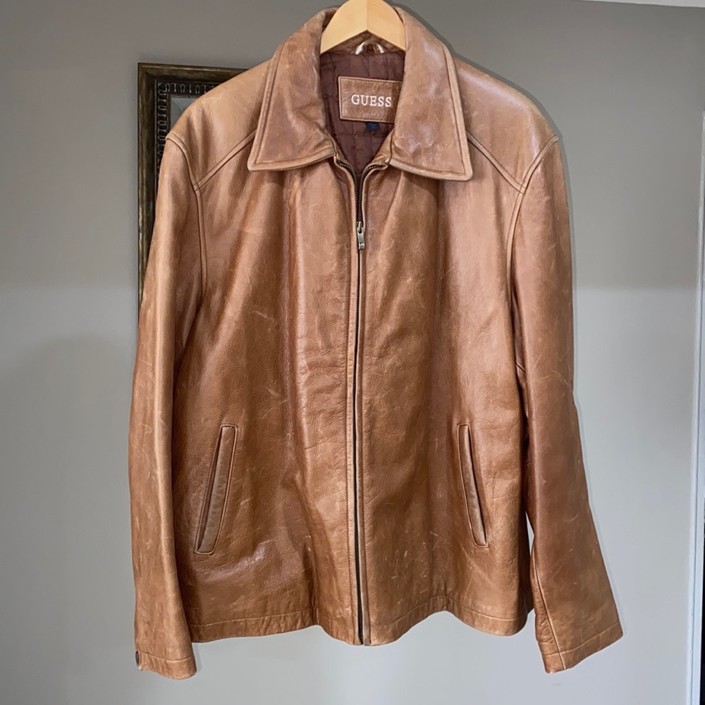 Guess mens genuine leather camel color jacket  XL